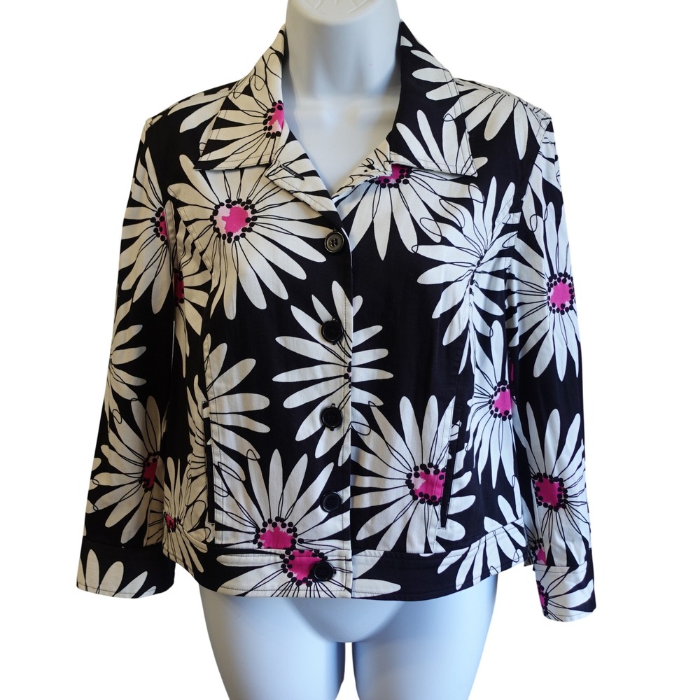 ITW by Claude Brown Black White Daisy Print Blazer Cropped Jacket Size 10 Retro